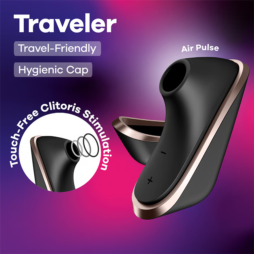 Satisfyer - Pro Traveler ម៉ាស៊ីនលើកទឹកចិត្តបេះដូងភេទស្រីដោយខ្យល់ (ពណ៌ខ្មៅ)