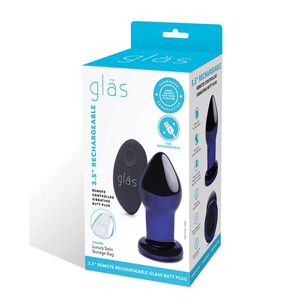 Glas - Remote Control Rechargeable Vibrating Glass Butt Plug 3.5" (Blue) Glass Anal Plug (Vibration) Rechargeable