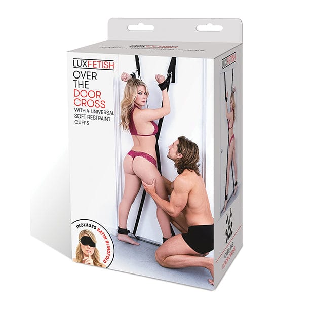 Lux Fetish - Over the Door Cross with 4 Universal Soft Restraint Cuff Set (Black) Hand/Leg Cuffs
