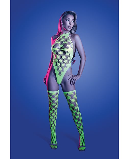 Fantasy Lingerie - សំប៉ែត Teddy ខ្សែកាលម៉ាស់ Fishnet មានក្រឡាចម្លាក់កញ្ចក់ Adrenaline (ពណ៌បៃតងញើសភ្នែក)