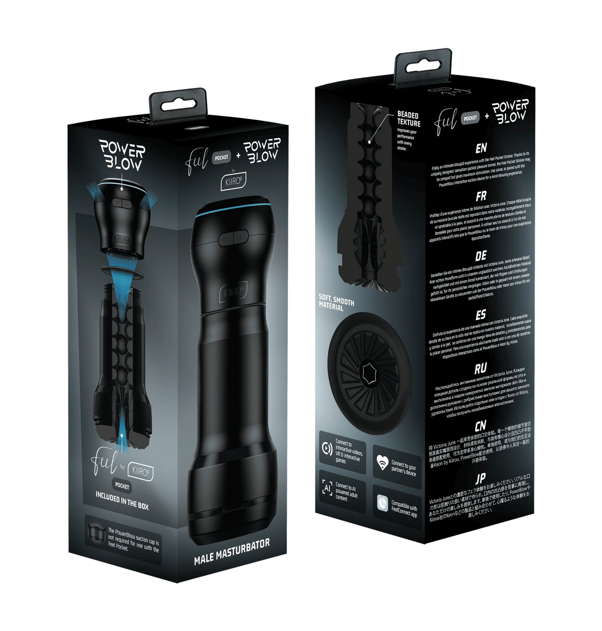 Kiiroo - ហត្ថយន្តបំពង់សប់ PowerBlow & Feel Pocket App-Controlled Suction Masturbator Combo (ពណ៌ខ្មៅ)
