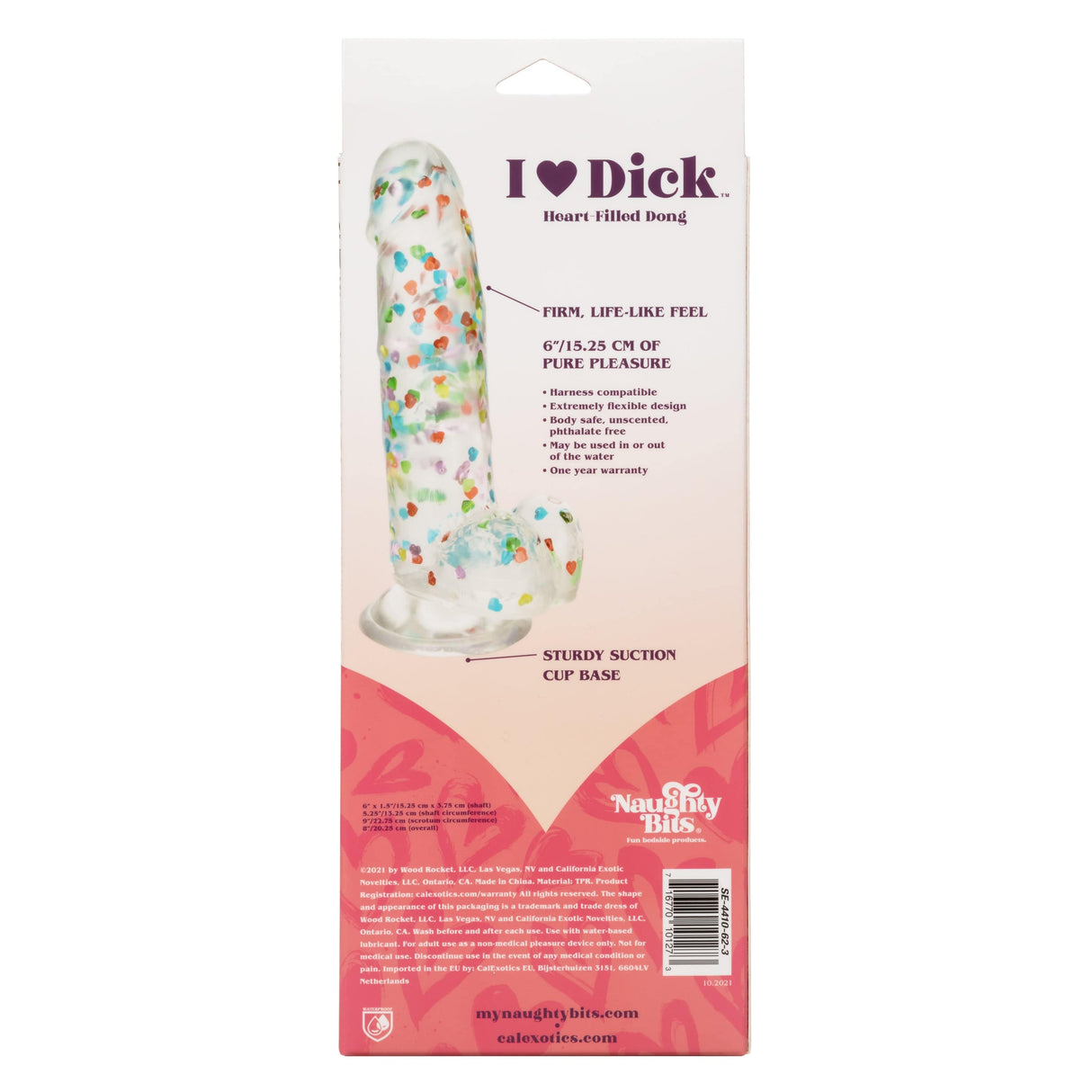 California Exotics - Naughty Bits I Love Dick Heart filled Dong Realistic Dildo with Balls 8" (Clear) CE1968 CherryAffairs